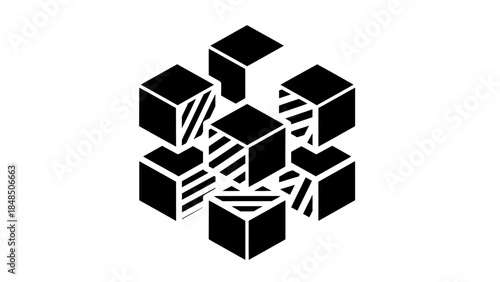 Abstract geometric composition featuring black and white 3D cube structures with layered and