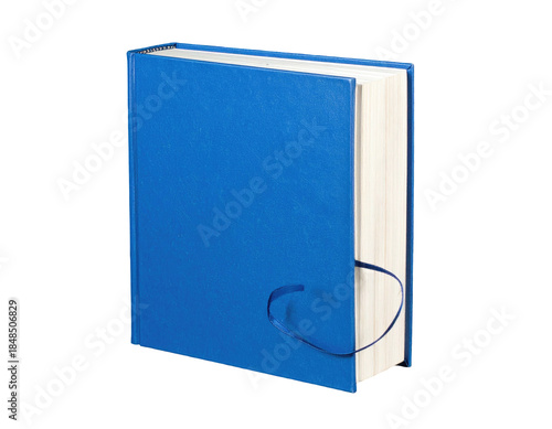 Close-up of a blue book with a ribbon bookmark on a black background
