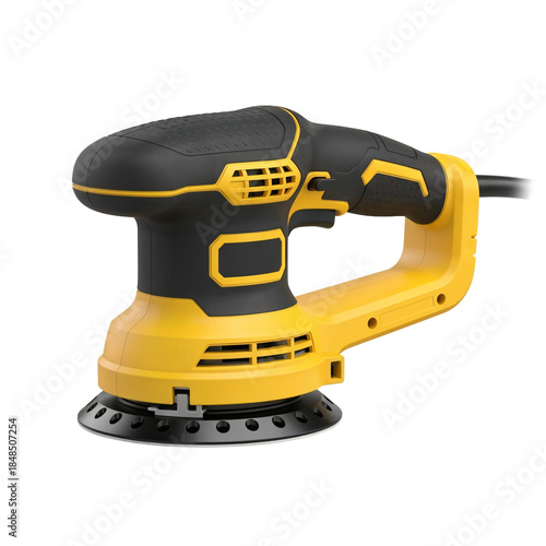 Orbital sander with ergonomic handle and black-yellow design, tools for construction  