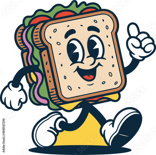 Retro vintage cartoon sandwich character walking and gesturing thumbs up on yellow background energetic mascot illustration for restaurant branding fast food marketing and fun menu design concept