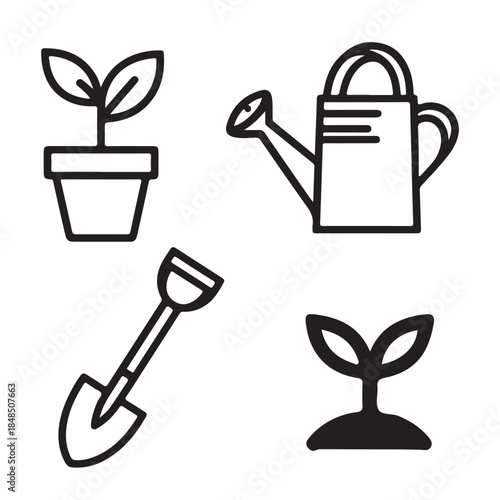 Gardening tools and plants icons set in outline and solid styles for garden hobbies