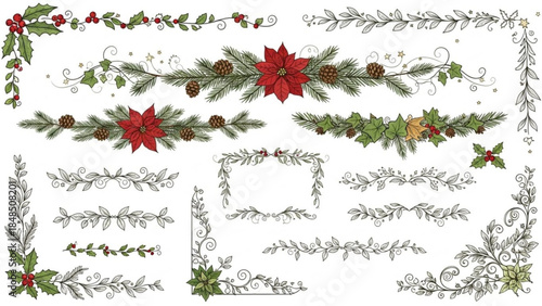 Christmas decorative elements festive borders and corners with poinsettias and pine cones hand-drawn illustration for holi