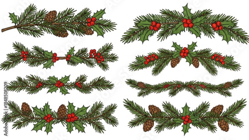 Christmas garland and border elements festive pine branches with holly and pinecones hand-drawn illustration for holiday d