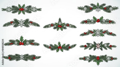 Collection of Christmas decorative borders with pine branches holly berries and snowflakes festive design elements for hol