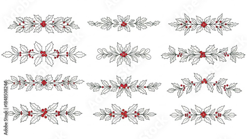 Collection of festive holly leaf and berry dividers hand-drawn winter holiday borders for Christmas and New Year design is