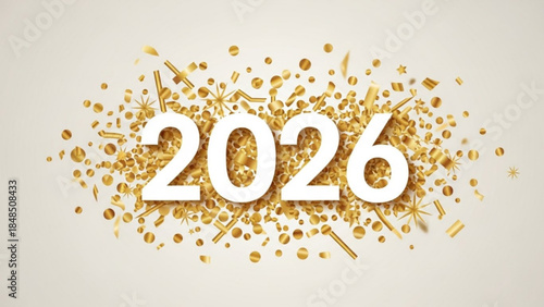 Golden 2026 numbers surrounded by confetti celebrating the new year with a festive and celebratory concept isolated on a l