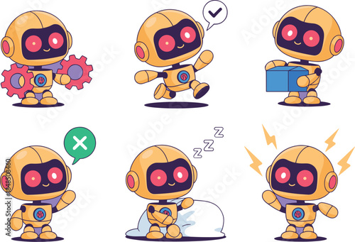 Cute cartoon robot character set doing various tasks and showing emotions for technology branding artificial intelligence mascot collection for automation software and digital customer service