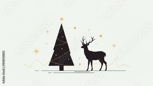 Christmas tree with reindeer minimalist vector illustration for holiday greeting cards and winter season design isolated o