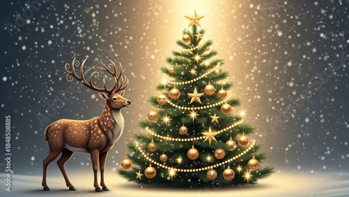Majestic reindeer stands beside a glowing decorated Christmas tree festive winter scene with falling snow holiday celebrat
