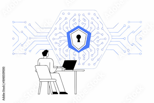 Cybersecurity concept with a person using a laptop and digital protection shield