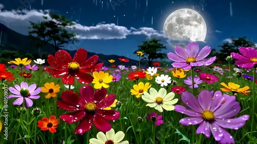 Nighttime Flower Field Under Moonlit Sky With Colorful Blooms.