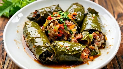 Savory stuffed grape leaves served on a plate.