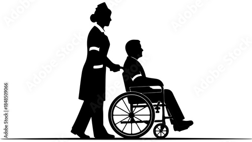 Nurse pushing patient in wheelchair with transparent background