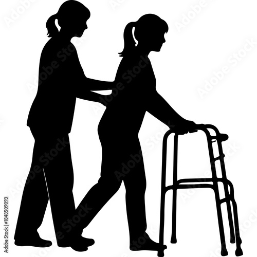 Caregiver assisting senior woman with walker with transparent background
