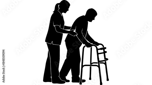 Caregiver assisting senior man with walker with transparent background