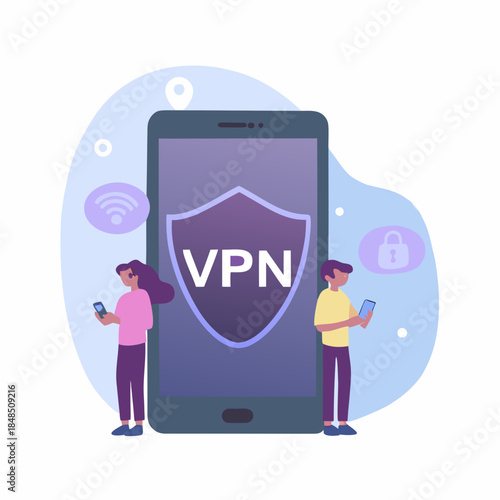 Secure connection illustration people using phones with vpn protection displayed