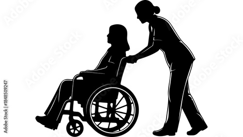 Caregiver assisting senior woman in wheelchair with transparent background