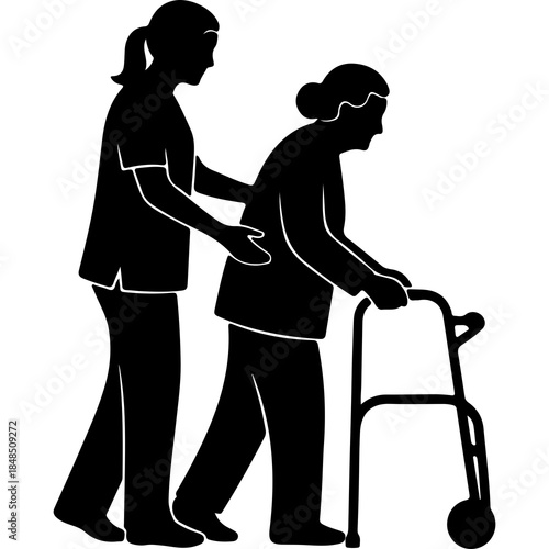 Caregiver assisting senior woman with walker with transparent background