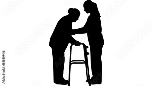 Elderly woman assisted by caregiver with transparent background