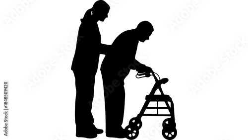 Caregiver assisting senior woman with walker with transparent background