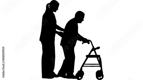 Caregiver assisting senior woman with walker with transparent background