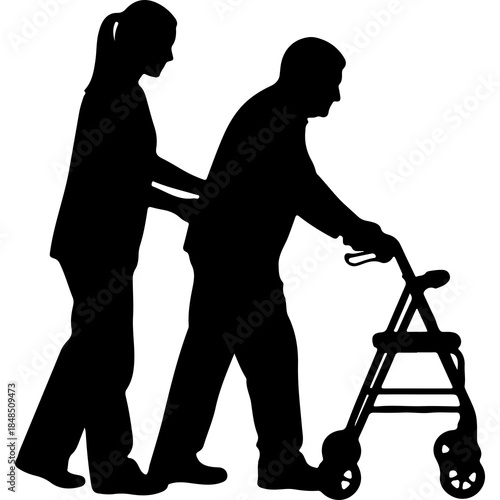 Caregiver assisting senior man with walker with transparent background
