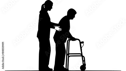 Caregiver assisting senior woman with walker with transparent background