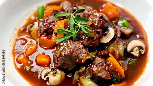 Hearty Beef Stew With Vegetables And Fresh Herbs.