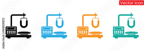 Colorful vector scale icons for health and fitness concepts, Justice scales icons set. Scales icon set. Law scales icon. Libra icon. Kitchen scale icon. Flat silhouette version.