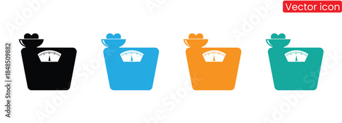 Colorful vector scale icons for health and fitness concepts, Justice scales icons set. Scales icon set. Law scales icon. Libra icon. Kitchen scale icon. Flat silhouette version.