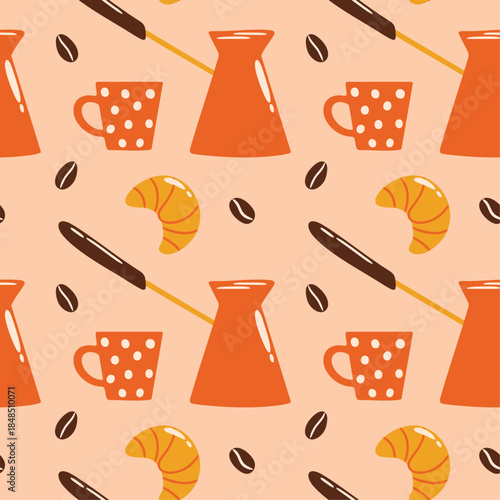 Coffee time vector seamless pattern for menu design with cute cartoon retro colorful illustration of turkish gezve coffee brewing method, espresso, coffee beans, croissant