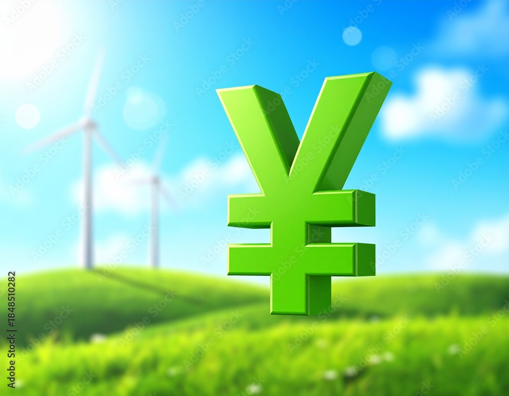 Obraz premium Vibrant Green 3D Yen with Blurry Wind Turbine Farm