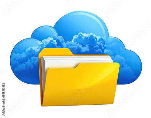 A yellow folder with documents in front of a blue cloud