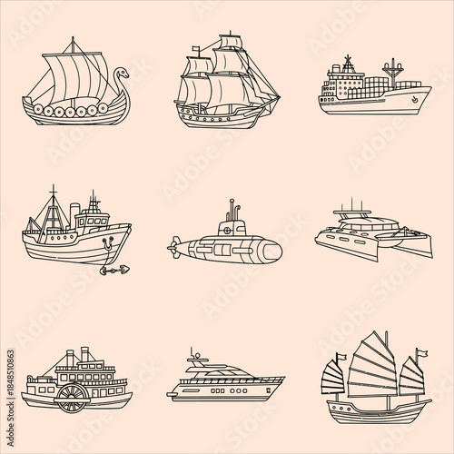 Various boats and ships sailing on the ocean
