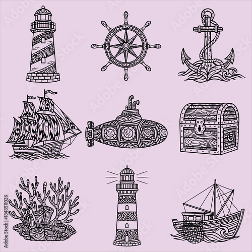 Nautical icons set with lighthouse anchor