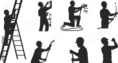 Cable installation worker silhouettes performing various tasks with tools, ladder, and safety gear in industrial vector illustration for infrastructure