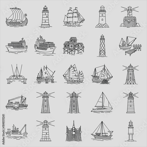 Nautical icons featuring lighthouses and various ships