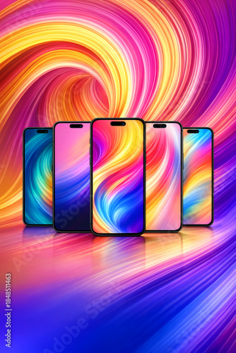 A colorful card for advertising smartphone sales on an abstract background