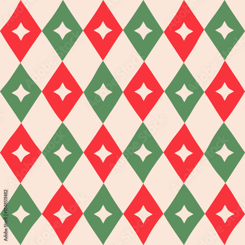 Abstract seamless geometric Christmas modern minimal pattern of red and green rhombuses with star on light background, simple hand-drawn vector illustration, flat style
