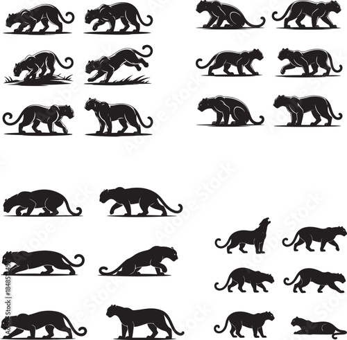 set of jumping people silhouettes in various poses and movements