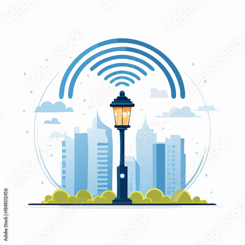Smart City Streetlight with Wireless Connectivity in Urban Landscape Illustration.