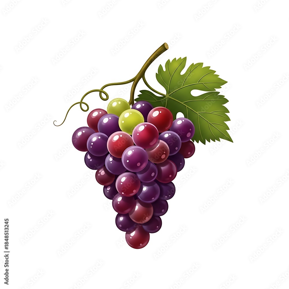 Fototapeta premium A vibrant bunch of ripe grapes, showcasing varied hues of purple, red, and green against a white backdrop. Features a green leaf