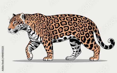 Side View Vector Illustration Of A Walking Jaguar Isolated On Grey Background