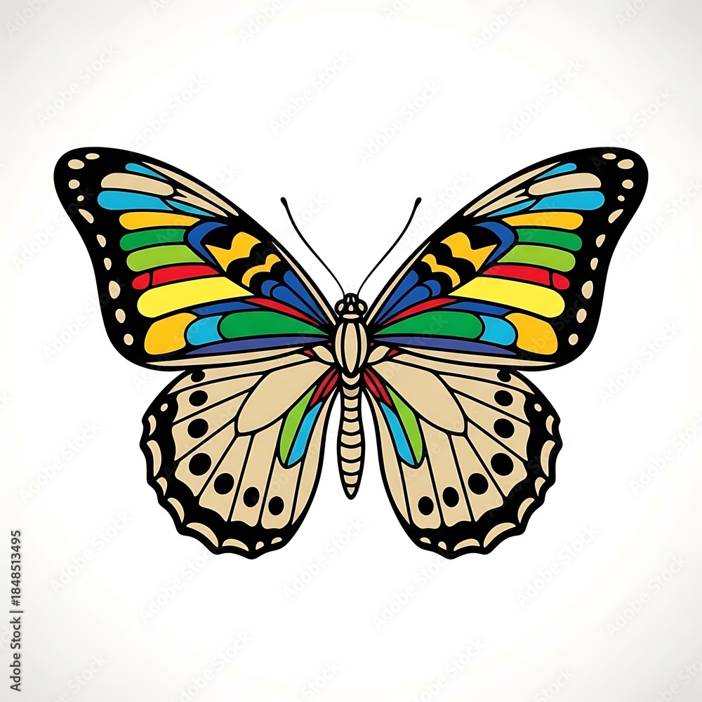 Obraz premium A vibrant butterfly illustration featuring a symmetrical design with colorful wings and detailed patterns against a white backdrop