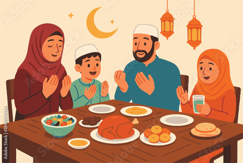 Muslim Family Making Dua Before Iftar Meal During Ramadan Kareem, Flat Vector Illustration