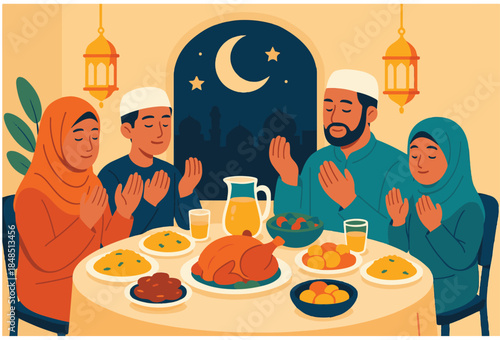 Muslim Family Making Dua for Iftar with Mosque Skyline View, Ramadan Vector Illustration
