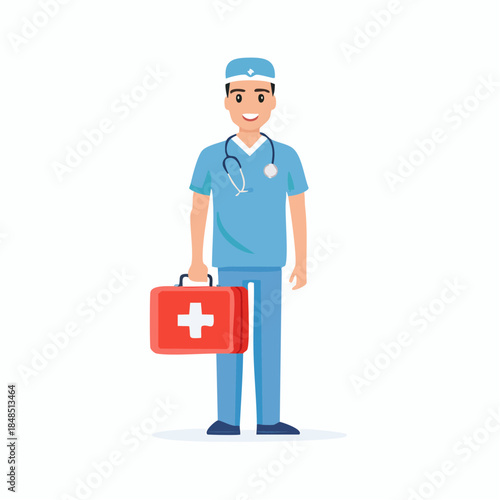 Smiling Cartoon Doctor Holding Red First Aid Kit 1.