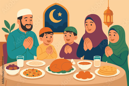 Large Muslim Family Praying Together Before Iftar Dinner, Ramadan Kareem Illustration