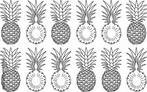 Ten black and white pineapple with detailed cross sections