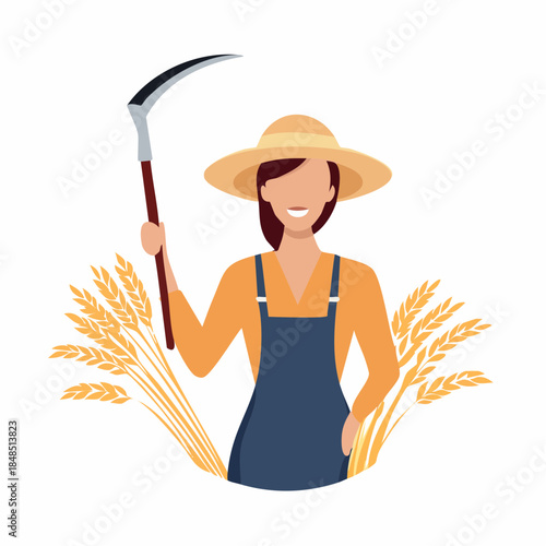 Smiling Farmer Holding Sickle with Wheat Harvest Illustration.
